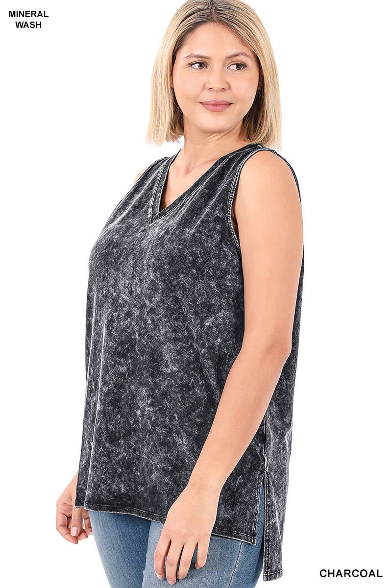 ,....Plus Mineral Wash Sleeveless V Neck Tunic With Side Slit: 1X / CHARCOAL-111039