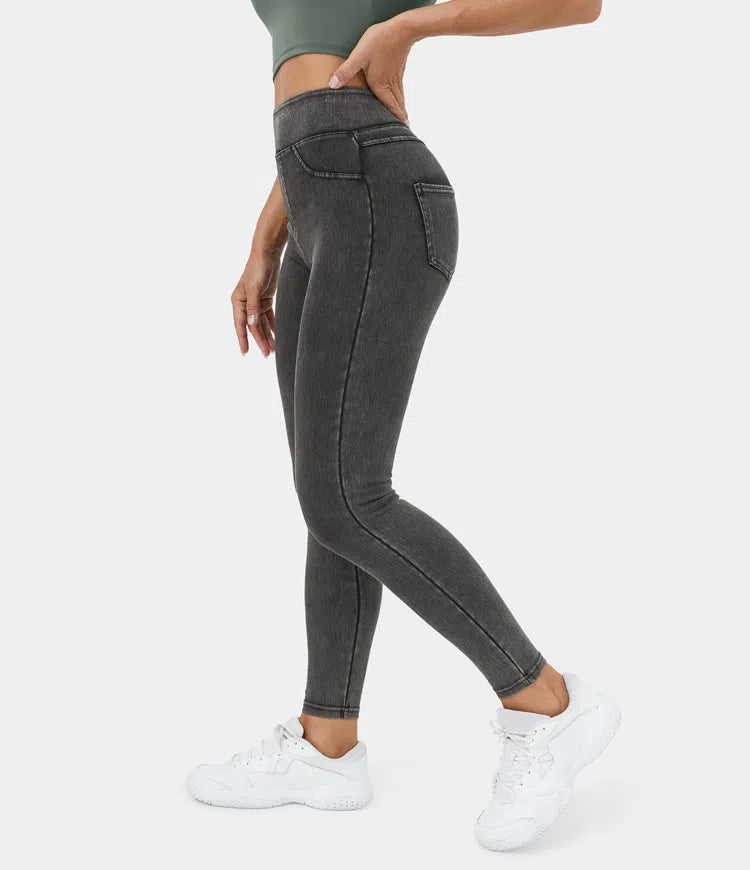 Women's HalaraMagic™ Mid Rise Button Zipper Multiple Pockets Stretchy Knit  Casual Skinny Jeans - Halara