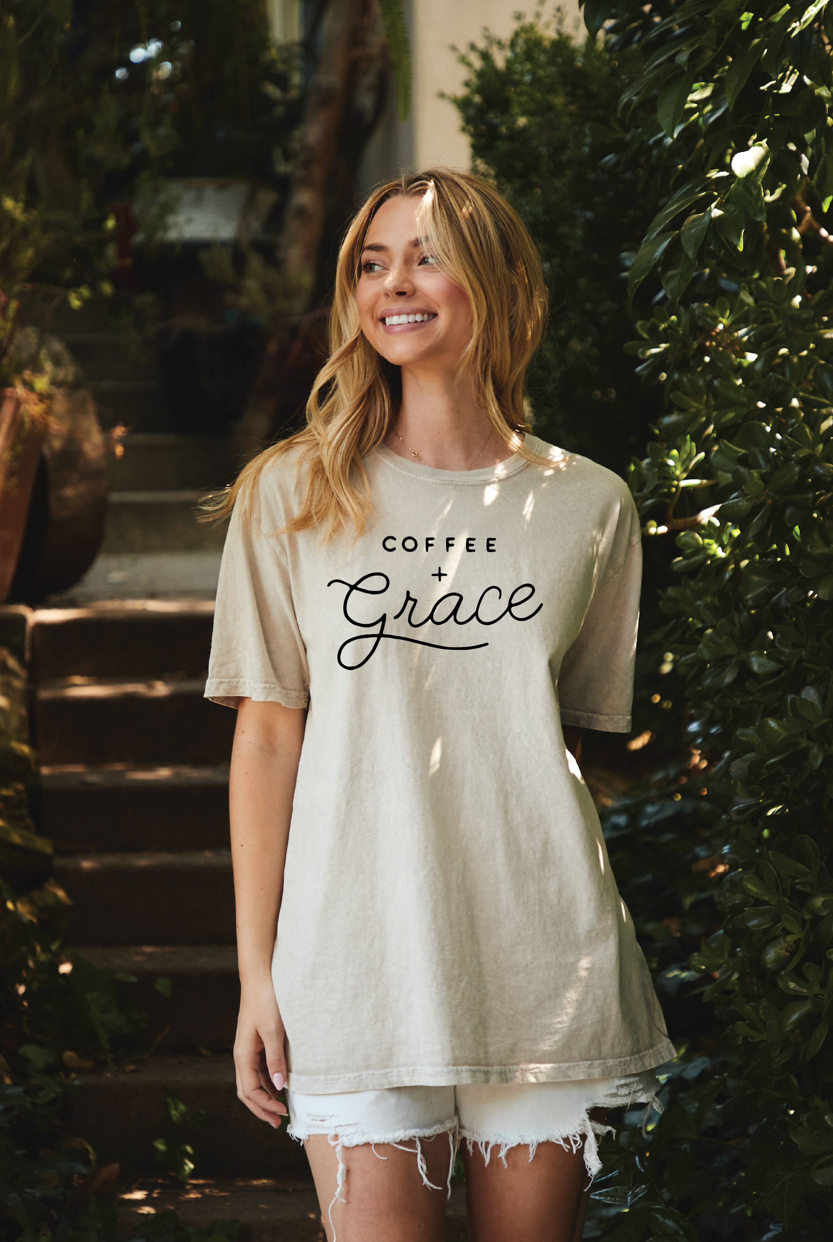 COFFEE AND GRACE Oversized Mineral Washed Graphic Top: CREAM