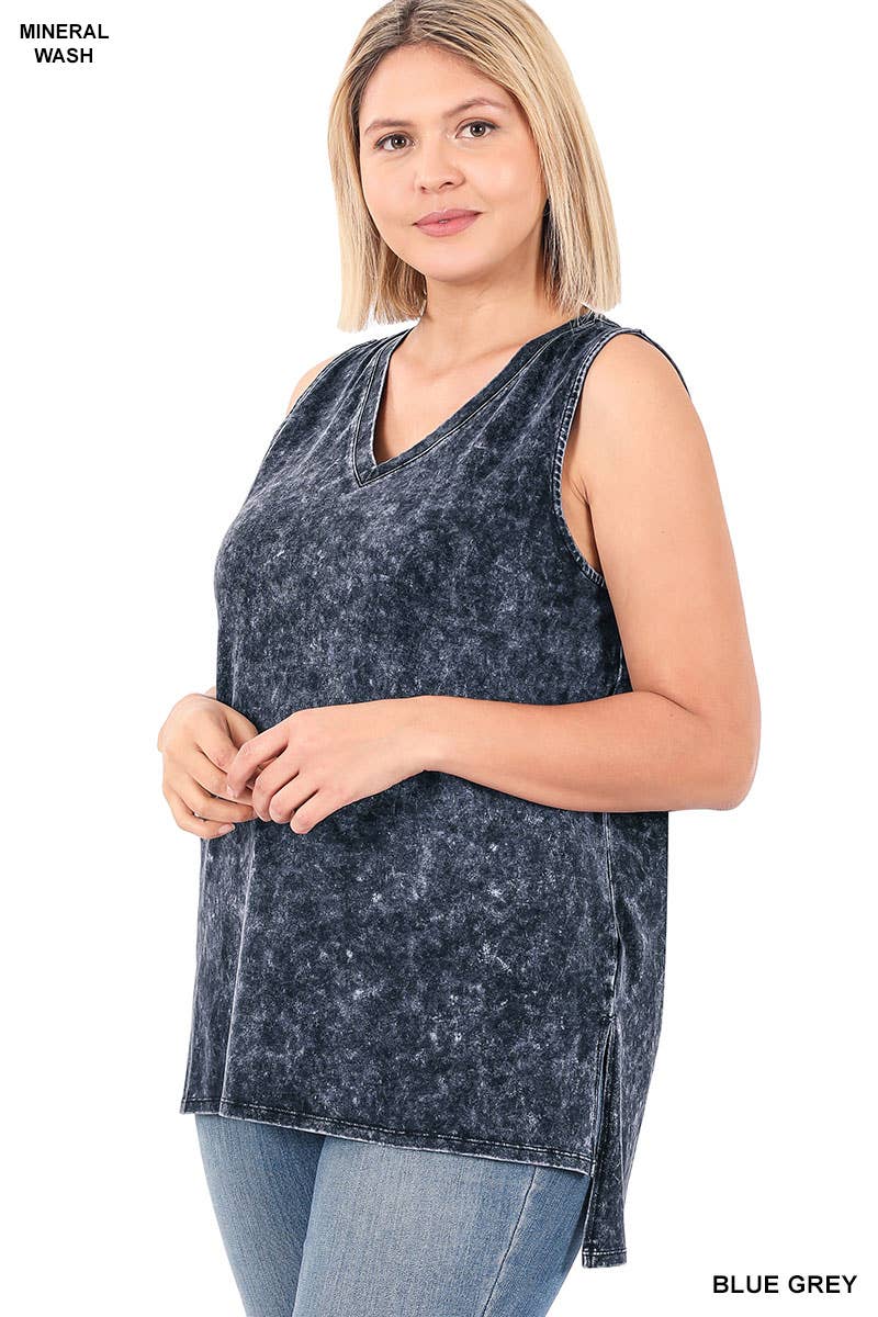 ,....Plus Mineral Wash Sleeveless V Neck Tunic With Side Slit: 1X / CHARCOAL-111039