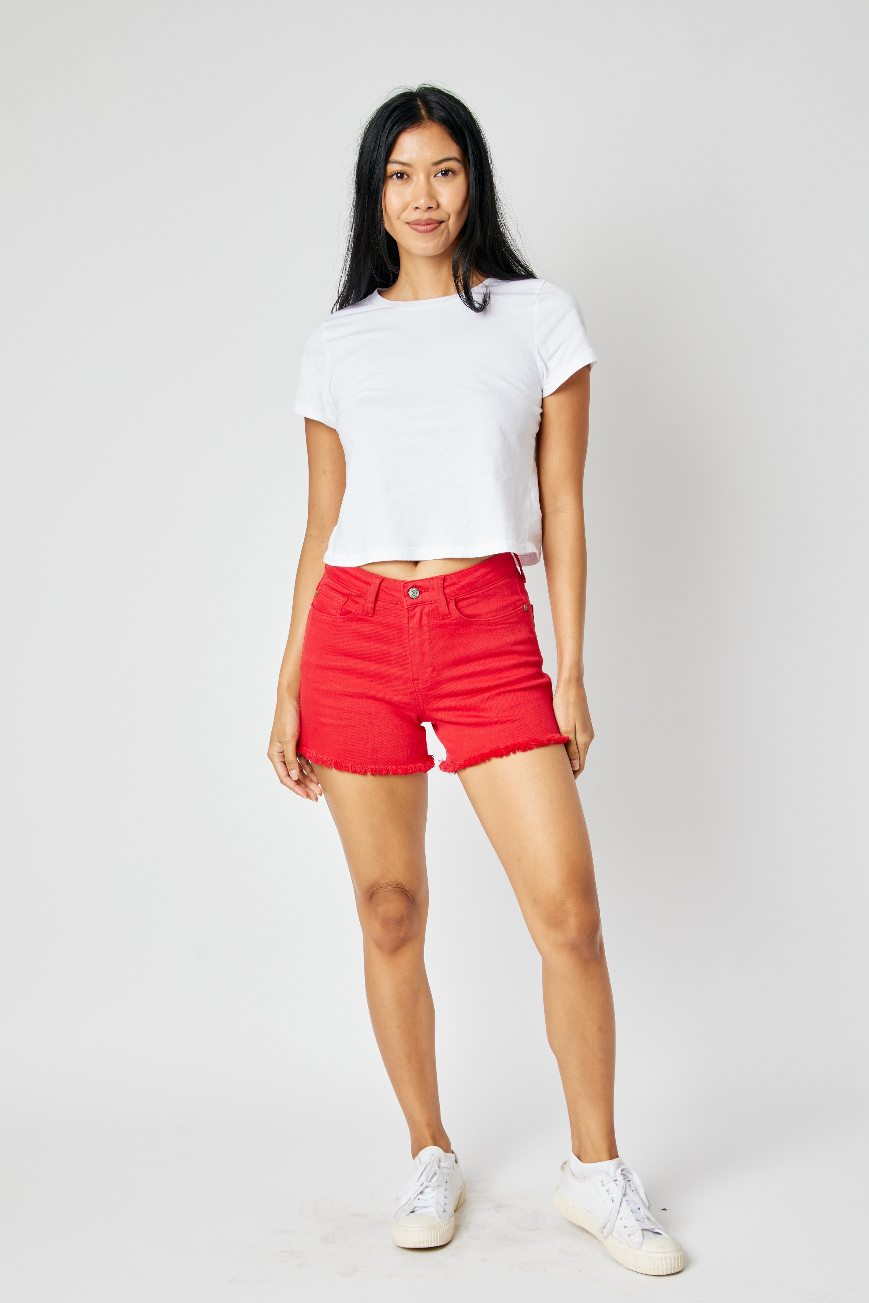 July Red Fray Hem Shorts