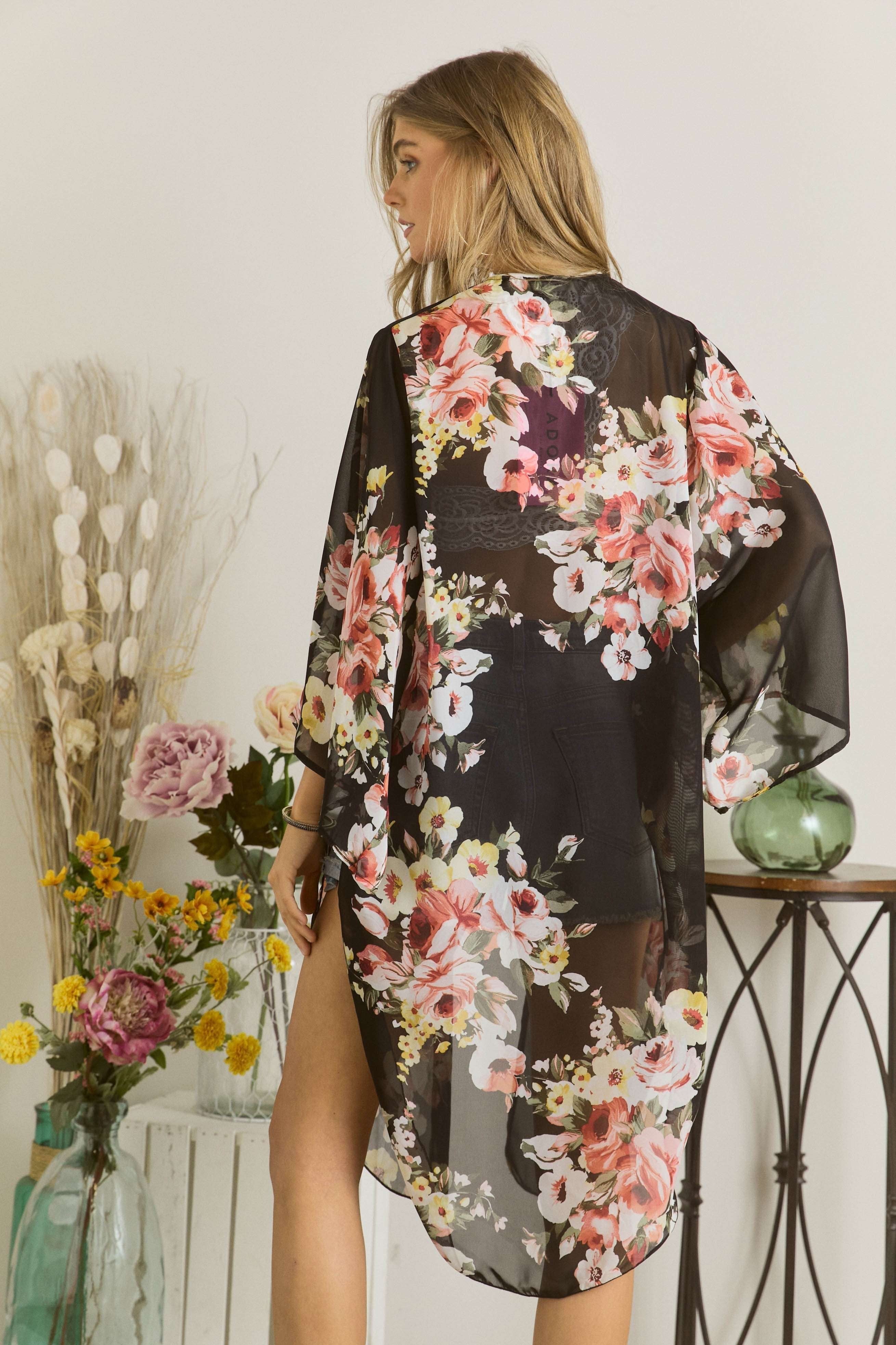 Sloane Black Floral Curvy Kimono