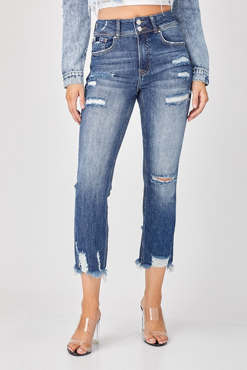 Risen Jeans HIGH RISE DOUBLE BUTTON DOWN DISTRESSED SLIM STRAIGHT JEANS