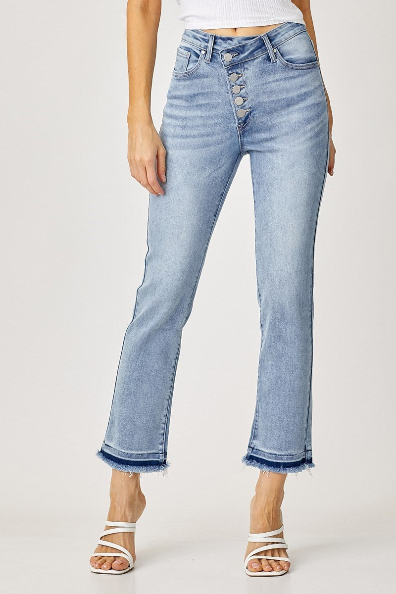 Risen Jeans High-Rise Cross Over Button Down Straight Jeans Light