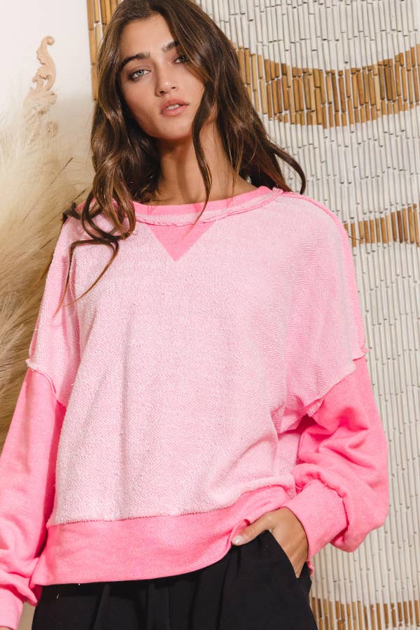 Neon Pink Raw Edge Contrast Sweatshirt