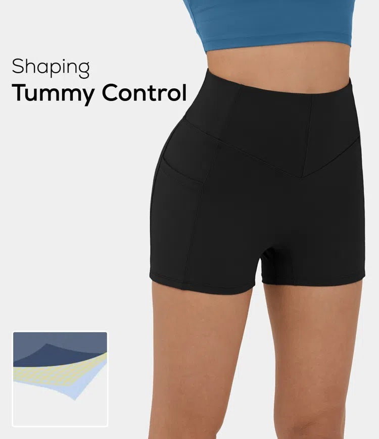 Halara V Shaped Tummy Control Side Pocket Yoga Biker Shorts 3'' - black