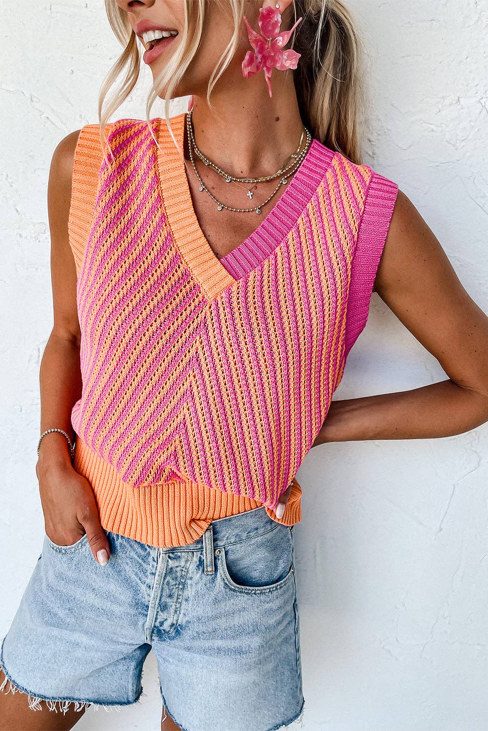 Strawberry Pink Contrast Chevron Knit Sweater Top