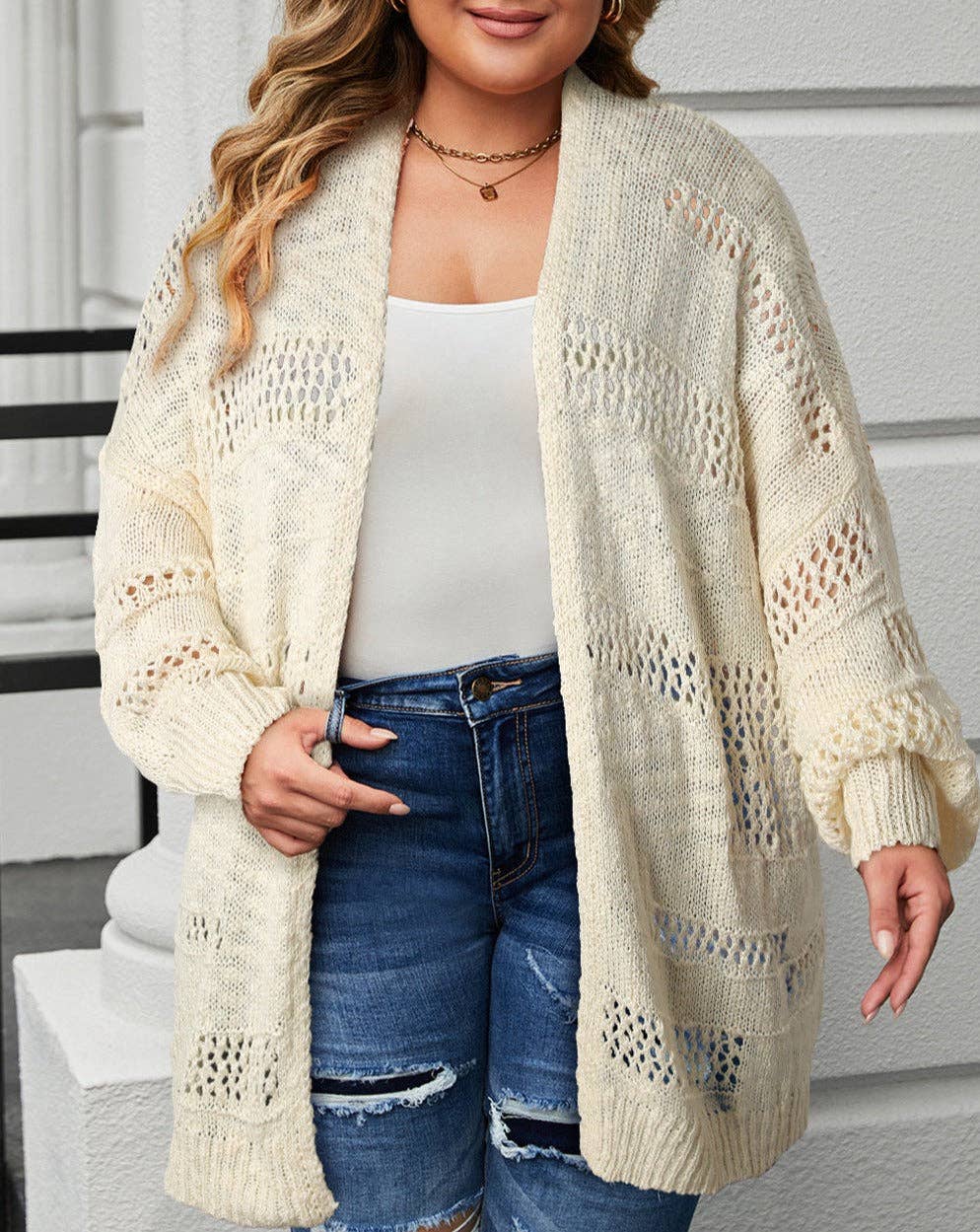 Hollowed Knit Open Front Curvy Cardigan