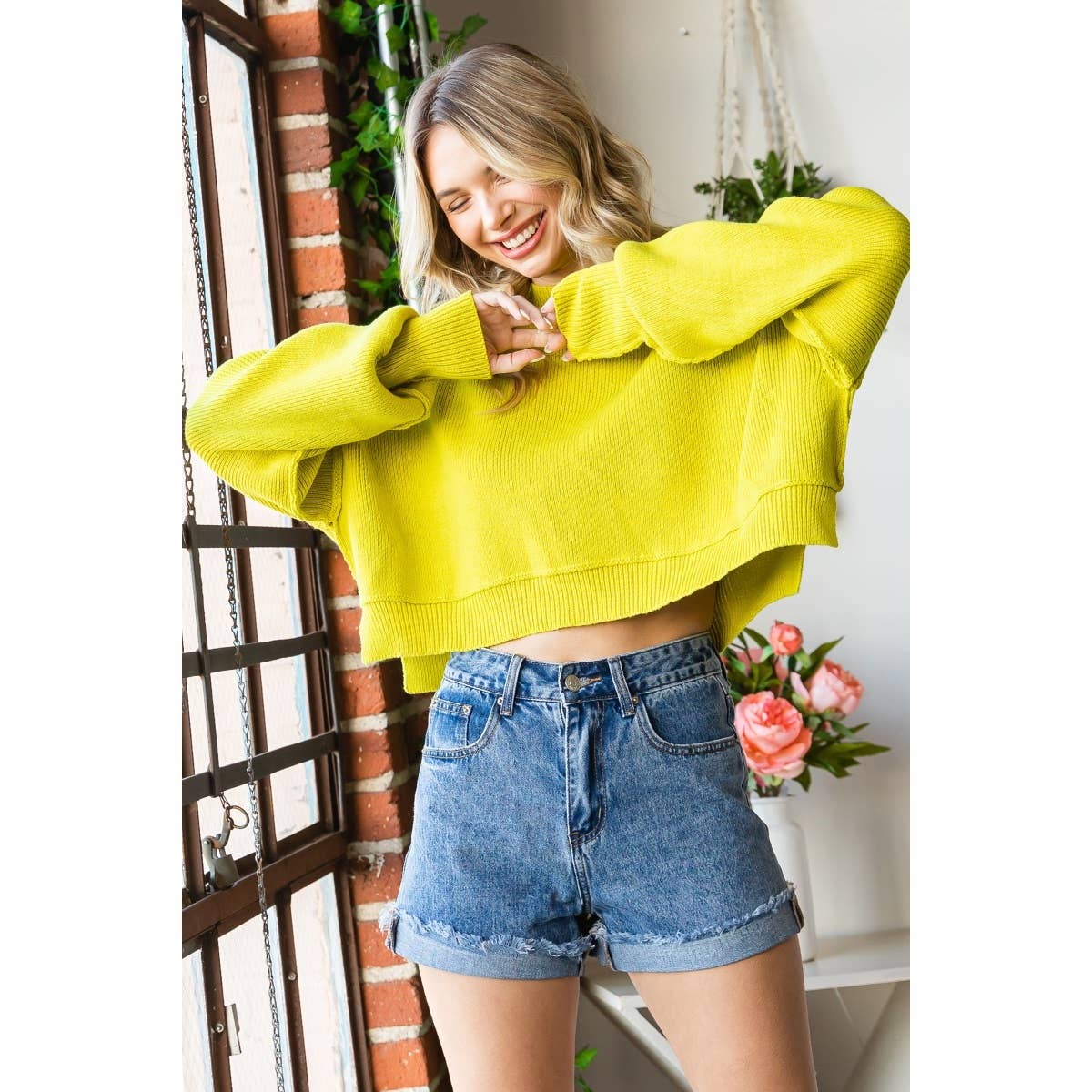 Mock neck Cropped Sweater Top - Lime